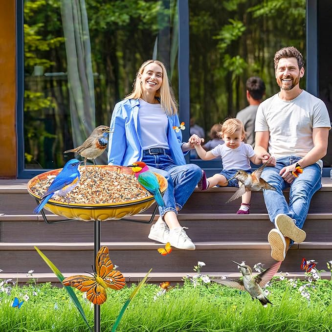 35In Metal Bird Bath for Outdoors, Easy to Clean Birdbaths with Removable Bowl Stable Upgrades Stake, Freestanding Bird Baths Feeder Bowl for Outdoors Garden Patio Yard Lawn Decor (Yellow)