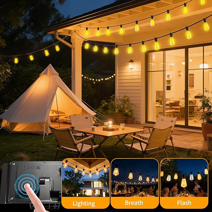 Outdoor Solar String Lights Waterproof: ST38 100ft Shatterproof Patio Lights - Solar Powered & USB Dual Charging - 3 Modes Button Control - Garden Backyard Gazebo Porch Party Decor