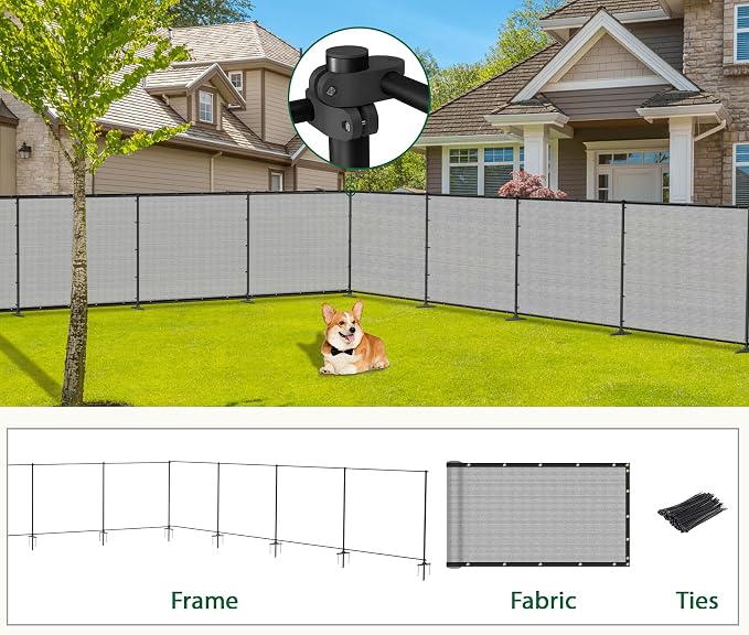 6'Hx79'W Outdoor Freestanding Privacy Screen Fence Panels with Iron Poles, Mesh Shade Net Cover Temporary Fencing for Patio Backyard Garden Deck, Light Gray
