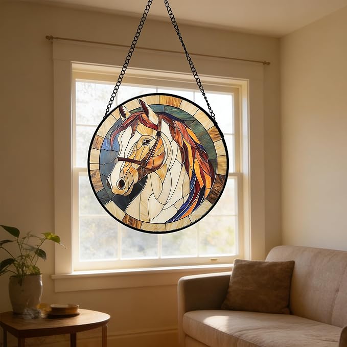 DASTOLL Stained Glass Window Hanging, Animal Horse Colored Mane Sun Catchers Glass Panel Cool Suncatcher Decor for Birthday for Women, Men, Wife, Aunt, and Mom 7.8 in