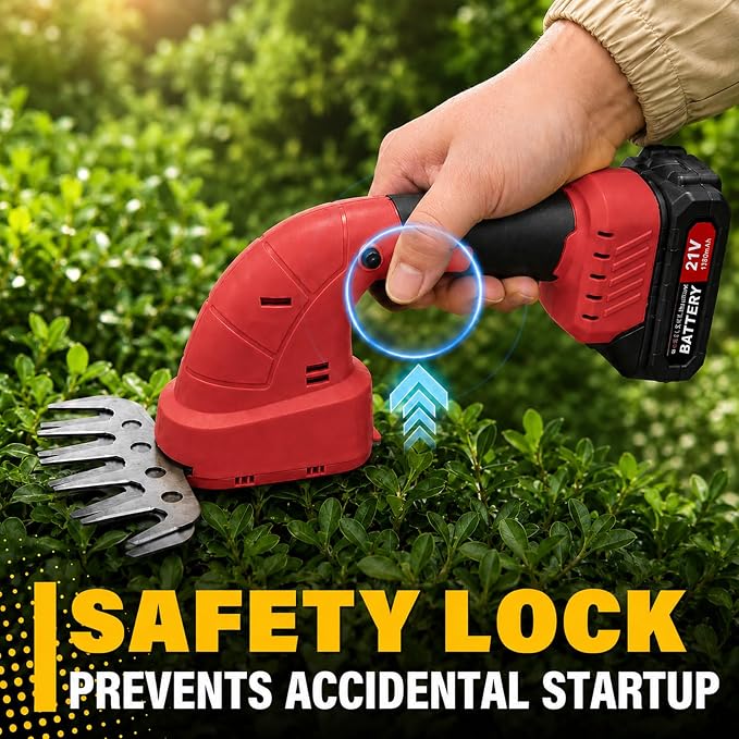 2-in-1 Cordless Hedge Trimmer & Grass Shear, 21V, Red | Lightweight Handheld, Small Yard Lawn Edging, Easy One-Hand Pruning for Women & Seniors, 2 Batteries & Charger