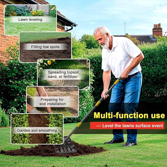 Lawn Leveling Rake - Heavy Duty 17"x10" Stainless Steel Lawn Leveler | Adjustable 28-72" Handle, Reinforced Welds & Smooth Edge for Soil, Dirt,Ground,Yard Top Dressing,Landscaping