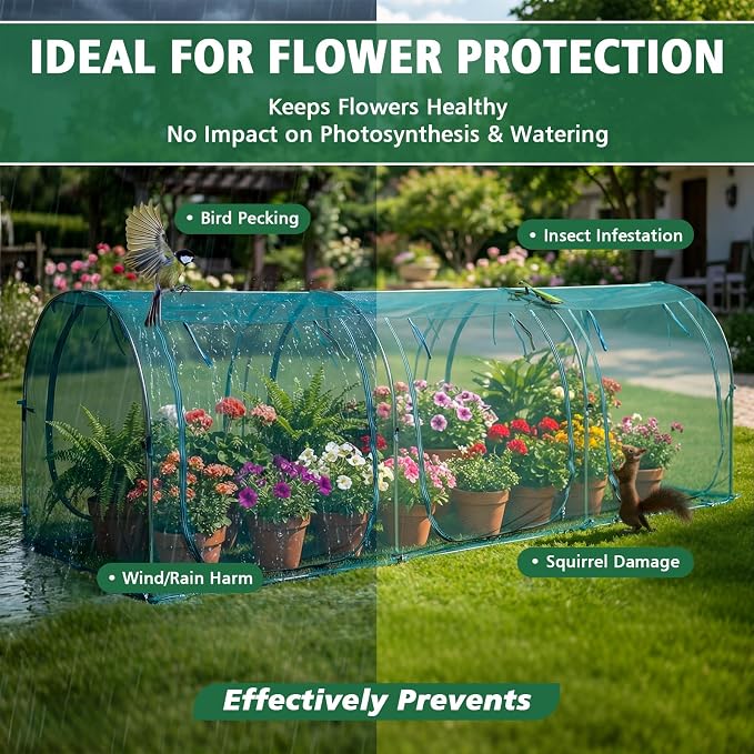 12.3'x4'x4' Crop Cage Portable Tunnel Plant Netting Cover Tomato Netting, 6 Roll-Up Zipper Door Garden Cage, Bug Netting Cover for Vegetables & Fruits, Durable Raised Garden Bed Covers