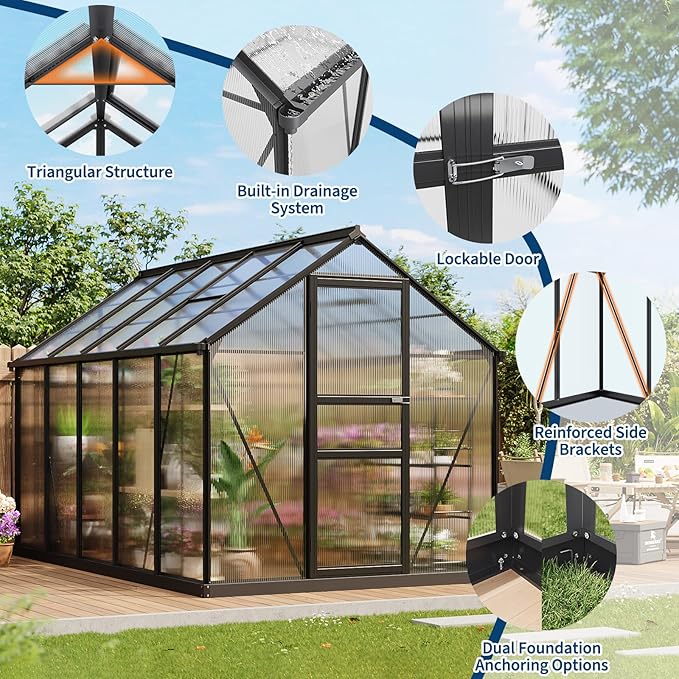 Garvee Greenhouse, 6×10FT Greenhouses for Outside, Walk-in Green House with Ground Nails and Vent Windows, Sliding Lockable Door, Polycarbonate Green House for Outside Garden Backyard, Quick Setup
