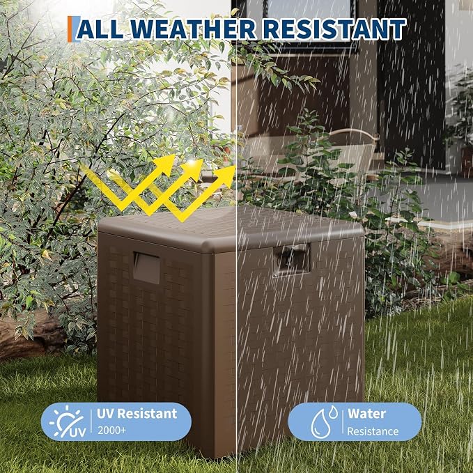 28 Gallon Outdoor Storage Box, Large Resin Deck Box with Lockable Lid & UV Resistant, All-Weather Deck Box for Patio Furniture, Pool Accessories, Gardening Tools, Brown