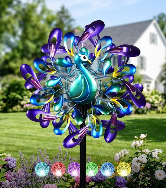 Peacock Wind Spinner Metal Kinetic Turquoise Green Garden Yard Art | Hand-Crafted, Shimmering turquoise metal peacock sculpture, Auto-glow solar crackle ball, Stable 5-prong stake