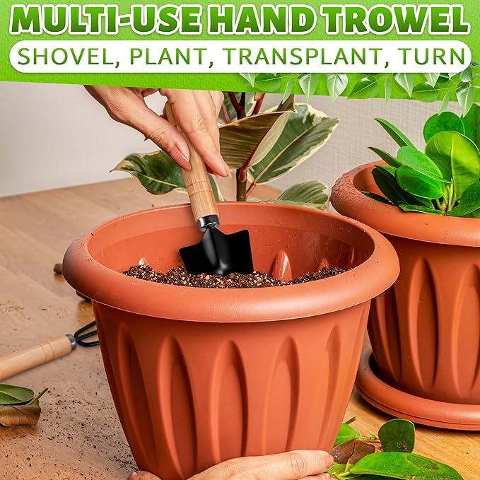 3 Pcs Mini Gardening Tools – Mini Garden Tools Set with 2 Small Shovels (Narrow and Wide) & Hand Rake, Rustproof Metal Build, Ergonomic Wooden Handles – Potting & Transplanting Kit for Indoor Plants