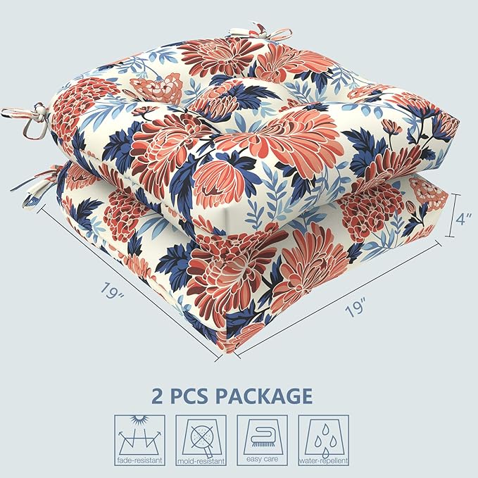 LVTXIII Outdoor/Indoor Tufted Seat Cushion, Decorative Wicker Chair Pads All Weather Seat Cushion Sets for Patio Garden Home Office Furniture, 19"x19"x4", Round Back, Pack of 2, Red Chrysanthemum