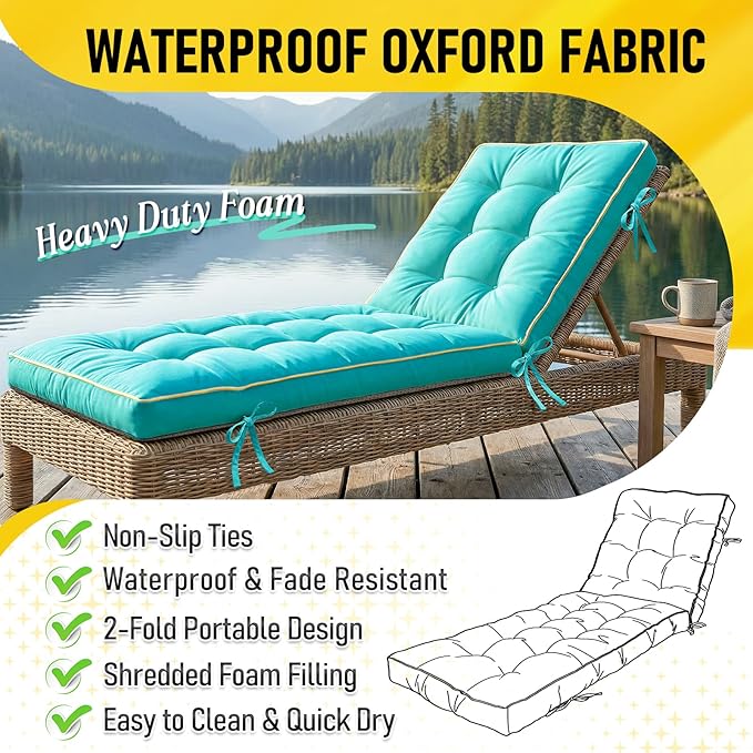 2 Pack 80x26 Inch Folding Chaise Lounge Cushion Quick Dry - Outdoor Sun Lounger Seat Pad with Shredded Foam for Patio Furniture, Deck Chairs, Poolside (Aqua Blue, 80 INCH × 26 INCH- 2 Pack)