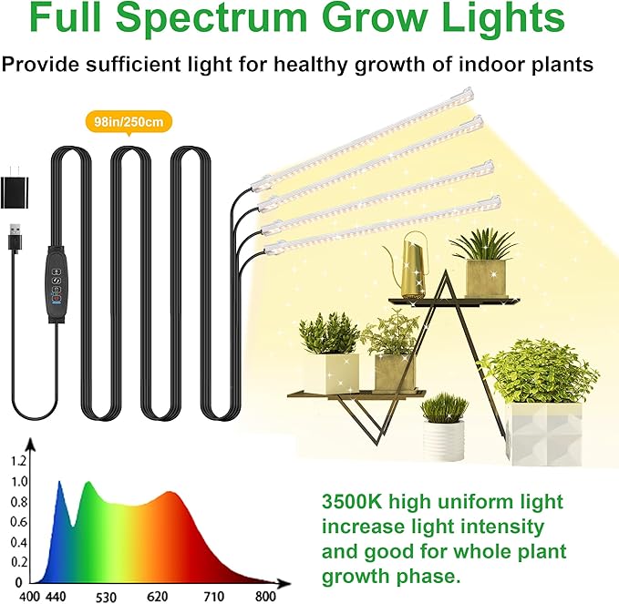 RWNTAO LED Plant Growing lamp Strips, Full Spectrum 3500K Grow Light for Indoor Plants with 3/9/12H Timer and 10 Dimmable Levels for Green House Hydroponics Succulent，4 Head 13 Inches