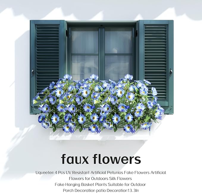 Blue Artificial Morning Glory Flowers for Outdoor Planters, Premium UV Resistant Silk Faux Flowers for Porch, Hanging Basket & Window Box, Lifelike Floral Arrangement, No Pot 13.3“ 4 Bundles