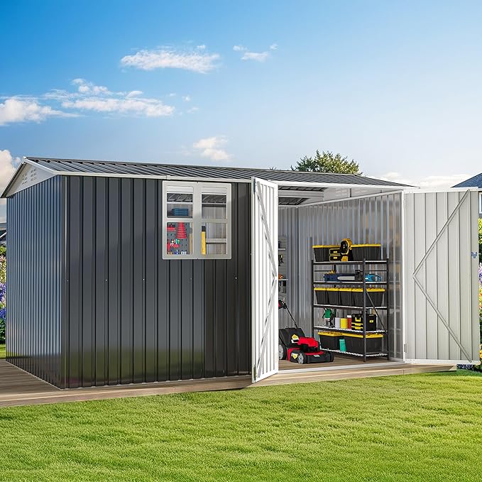 DWVO 12x8ft Large Tool Storage Shed with Window, Lockable Doors, and Sloped Roof, Oversized Steel Outdoor Storage Shed for Garden, Patio, Garage, Backyard, Lawn(Gray + White)