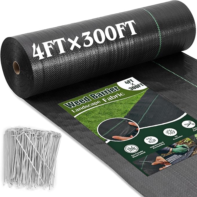 HongWay 4FT x 300FT Weed Barrier Landscape Fabric Heavy Duty, Weed Control Garden Cloth with 120 U-Shaped Securing Pegs, Woven Weed Blocker Fabric Ground Cover for Garden Beds, Commercial Driveway
