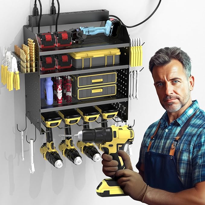 Drill Holder Wall Mount with 8-Outlet Charging Station, 190lbs Load 4 Layers Carbon Steel Heavy Duty Power Tool Organizer Wall Mount for Garage & Workshop, 4 Drill Holders, Modular Pegboard Rack