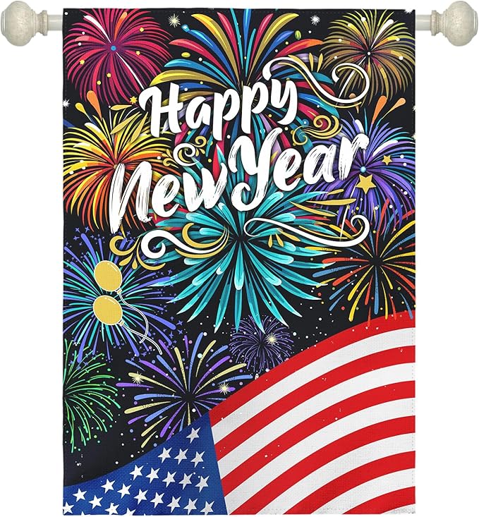 Happy New Year Garden Flag New Year Eve House Banner Double Sided American Flag Fireworks Wall Banners Balloon Holiday Celebration Party Yard Flags for Winter Festival Greetting 28 x 40 Inch