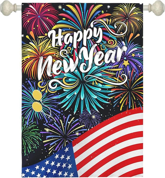Happy New Year Garden Flag New Year Eve House Banner Double Sided American Flag Fireworks Wall Banners Balloon Holiday Celebration Party Yard Flags for Winter Festival Greetting 28 x 40 Inch