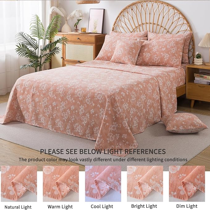 FADFAY Queen Sheets Set 100% Cotton Washed Double Gauze Muslin Bedding 4Pcs Vintage Coral Rose Floral Sheets Shabby Farmhouse Bedding Luxury Super Soft Breathable Deep Pocket Fitted Sheet, Queen Size