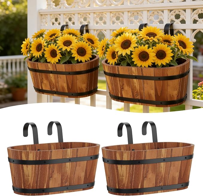 Railing Planters for Outdoor Plants Balcony Hanging Flower Pots with Detachable Hooks, Window Flower Box Hanging Bucket Pots Fence Planters for Garden Home Decor (Brown-2pack, Large)