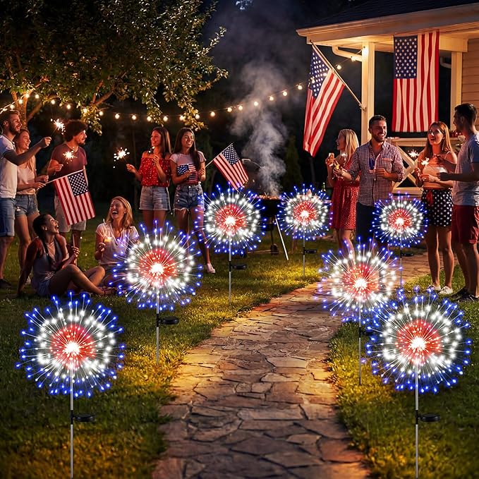Tujoe 9 Pcs 4th of July Solar Firework Lights Patriotic Solar Light Outdoor Garden 120 LED 8 Modes Waterproof LED Sparkler Light for 250th Anniversary Patio Yard Pathway Walkway (Colorful)