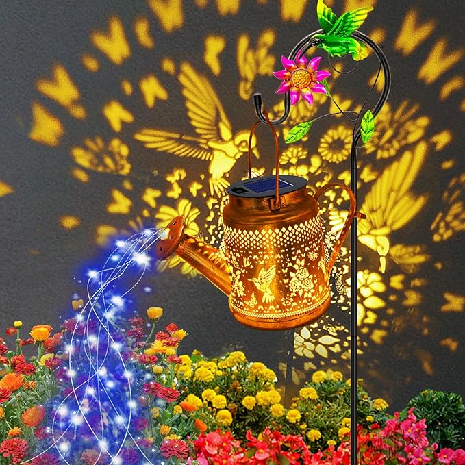 Solar Lanterns Outdoor Waterproof, Gift for Mom Grandma Women Wife Daughter Mother's Day, Blue Hummingbird Watering Can Light With Shepherd Hook, Solar Path Light Yard Art Outdoor Patio Garden Decor