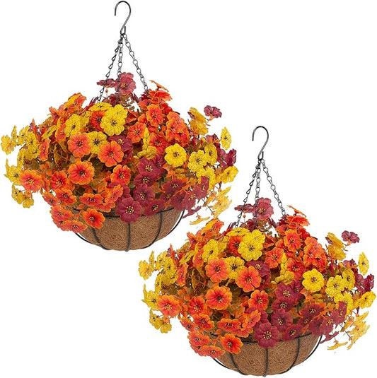 Hananona 2 Set Artificial Outdoor Fall Flowers with Hanging Basket, 2 Hanging Planters with 24 Pcs Flowers for Autumn Front Porch Garden Patio Home Decor (2, Orange,Yellow,Burgundy)