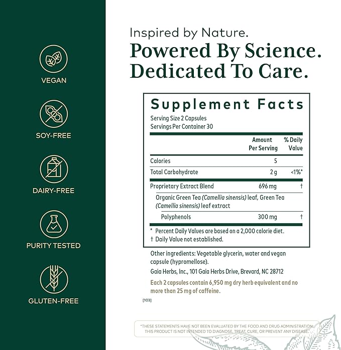 Gaia Herbs PRO Green Tea - Heart Health & Antioxidant Support Supplement* - Health Supplement with Green Tea Leaf Extract - Vegan Gluten-Free Soy-Free - 60 Liquid Phyto-Caps (30 Servings)