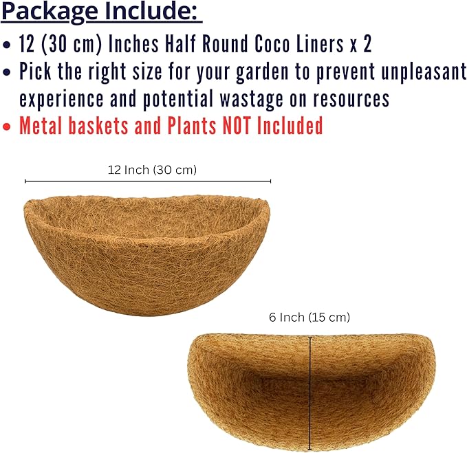 LaLaGreen 12" (2 Pack, Half Round) Coco Liners for Wall Hanging Planter – Small Coir Fiber Husk Replacement for Window Box, Pot, Garden Holder Basket-Also Available in 10/14/16’’ & Different Shapes