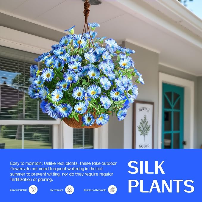 Blue Artificial Morning Glory Flowers for Outdoor Planters, Premium UV Resistant Silk Faux Flowers for Porch, Hanging Basket & Window Box, Lifelike Floral Arrangement, No Pot 13.3“ 8 Bundles
