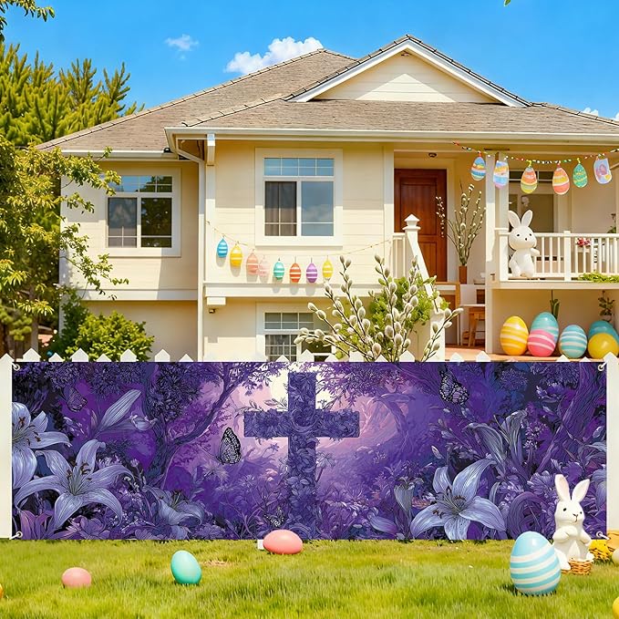 Purple Christian Cross Fence Banner 118 x 35 Inch, Large Waterproof Outdoor Religious Floral Banner with Lilies & Butterflies for Yard Church Decorations