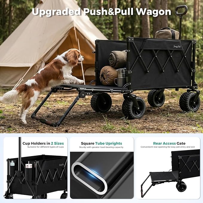 SUNNYFEEL 550LBS Collapsible Wagon Cart - Heavy Duty Push Pull Foldable Wagon with Dual Handles and Big Wheel,Utility Cart with Rear Tailgate for Camping, Fishing, Gardening, Shopping, Black