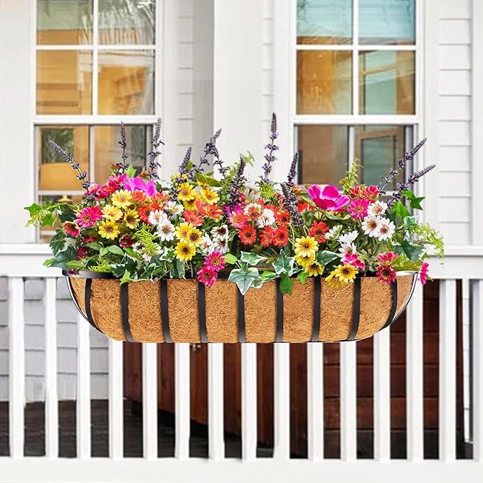 30 Inch 4 PCS Window Box Deck Railing Planter with Coco Liners, Hanging Flower Planters Black Metal Baskets for Indoor Outdoor, Balcony, Porch, Fence, Lawn and Patio