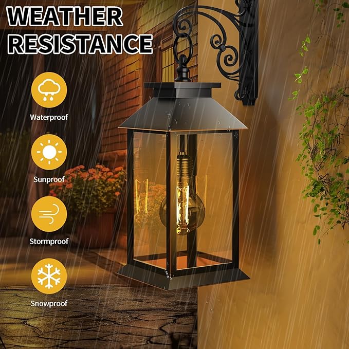 2 Pack Solar Lanterns Outdoor, Hanging Glass Solar Lights Waterproof, Dual Power Solar & 2*AA Battery, for Porch, Patio, Yard and Indoor Table or Mantel