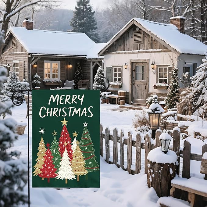 Merry Christmas Garden Flag 12x18 Inch Forest Green Xmas Tree Holiday Winter Decorative Yard Flags for Outside Double Sided Seasonal Outdoor Home Farmhouse Decoration Porch New Year Decor