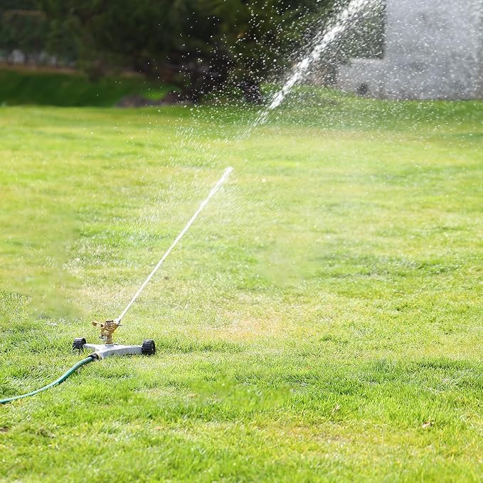RESTMO Heavy Duty Full Metal Pulsating Sprinkler with Wheeled Base, 360° Rotating Impact Sprinkler for Large Area Lawn & Yard Irrigation, Adjustable Zinc Alloy Head for Flexible Coverage