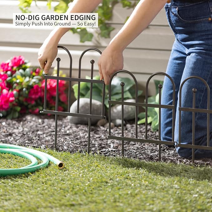 Evergreen Iron Garden Fence Edging 10" Tall Above Ground, 7.5 feet Long for Flower Bed, Yards, Lawn | Decorative Edging | Rustproof Gunmetal Finish | Decorative Fencing