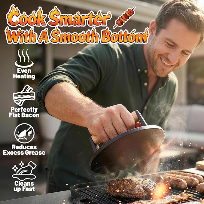Smash Burger Press 6.5”, Cast Iron Flat Round Edge Grill/Bacon/Meat/Hamburger/Chef Press with Wood Handle, 1.74lb Hamburger Press Patty Maker, Nonstick Burger Smasher for Blackstone Griddle