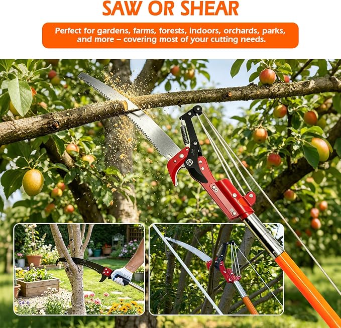 Grefinity Manual Pole Saw, 27 Ft Tree Trimmer, Extendable Pole Saws for Tree Trimming, Sharp Steel Blade and Scissors, for Backyard and Garden Pruning Palms & Shrubs, Orange