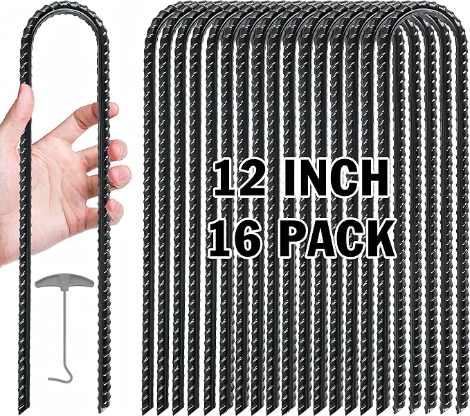 Gtongoko Trampoline Stakes Heavy Duty, 12/16 Inch U-Shaped Ground Anchors, 8mm Galvanized Steel Rebar Wind Stakes for Trampoline Safety, Anti-Rust Outdoor Stakes for Trampoline, Tent, Swing Set
