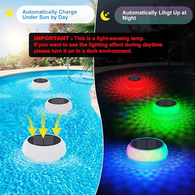 Solar Pool Chlorine Floater 2 Packs,Floating Colorful Induction Lights Chlorine Dispenser for 4x3'' Tablets, Adjustable Release & Easy Opening Holder for Indoor & Outdoor Swimming Pool Hot Tub and Spa