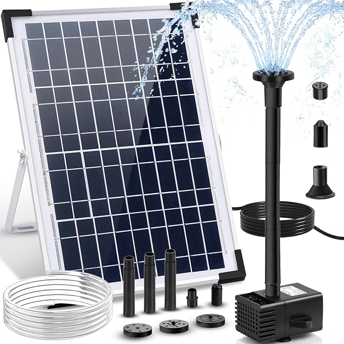 12W Solar Fountain Pump for Water Feature Outdoor DIY, Solar Water Fountain 132 GPH with 9.84FT Power Cable, 6 Spray Nozzles, 3.28FT DIY Tubing for Garden, Pond, Bird Bath