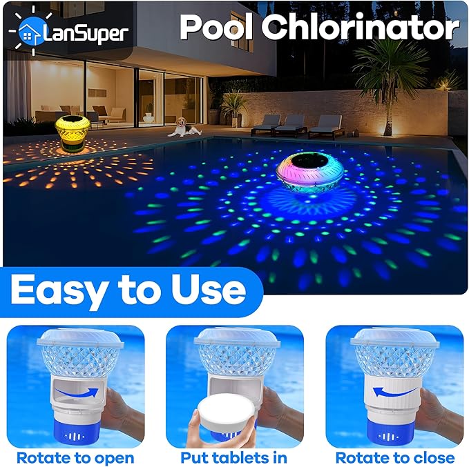 LanSuper 2025 Upgrade Pool Chlorine Floater, Chlorine Floaters with Marquee Light, Button Control Floating chlorines Dispenser for Pools,Adjustable Flow Chlorines Floaters,Pools Chlorinator-Blue