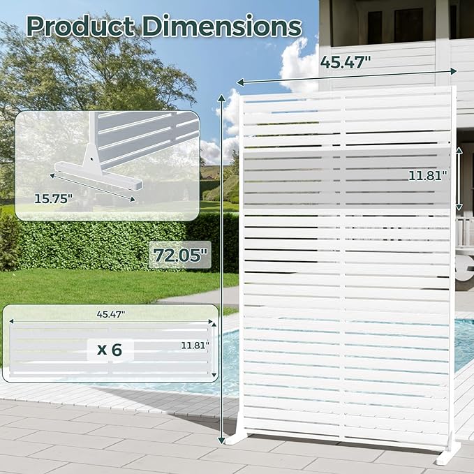 Privacy Screen Outdoor 72" Freestanding Privacy Panel with Stand, HDPE Decorative Privacy Fence with Louver Pattern, Patio Divider Screen, Privacy Screens for Outside, Balcony, White