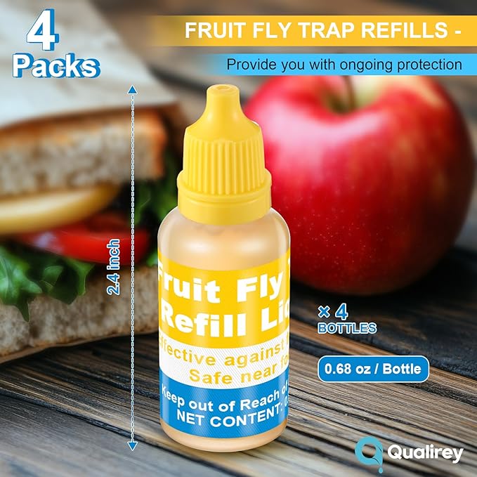 Qualirey Fruit Fly Trap for Indoor and Kitchen Use, 0.68 oz Each Bottle Fruit Fly Trap Refill Liquid, Ready to Use, Safe Near Food, Efficient Lure Refill Liquid, Yellow(4 Pack)