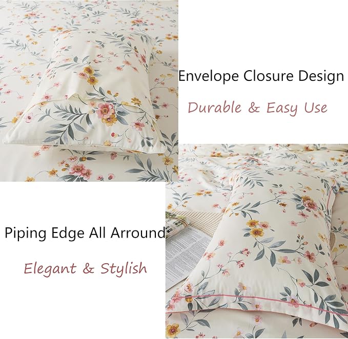 FADFAY Floral Sheets Set Twin XL Vintage Pink Floral Bedding Shabby Beige Botanical Sheets College Dorm Bedding 800 Thread Count Soft 100% Egyptian Cotton Deep Pocket Fitted Sheet 4Pcs, Twin XL Size
