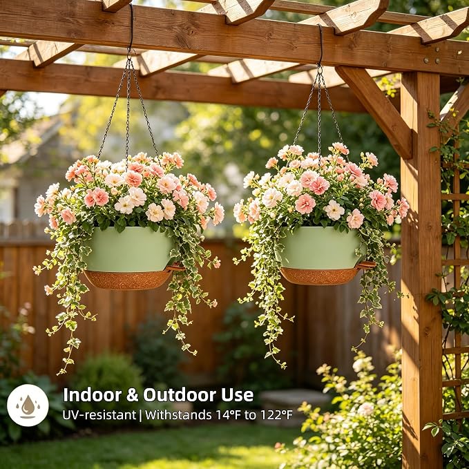 12" Self Watering Hanging Planters, Green Brown, 2 Pack | With Chains
