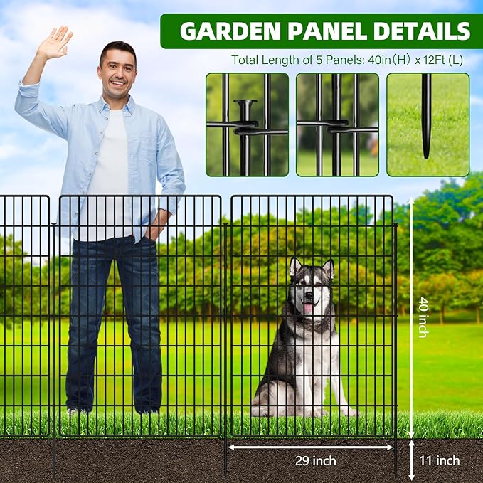 5 Panels Garden Fencing Animal Barrier with Lock, 40 in(H) X 12 ft(L) Dog Fence Outdoor for Yard Rustproof No Dig Decorative Tall Garden Fence Metal Wire Panel Border Rabbit Ground Stakes Fencing