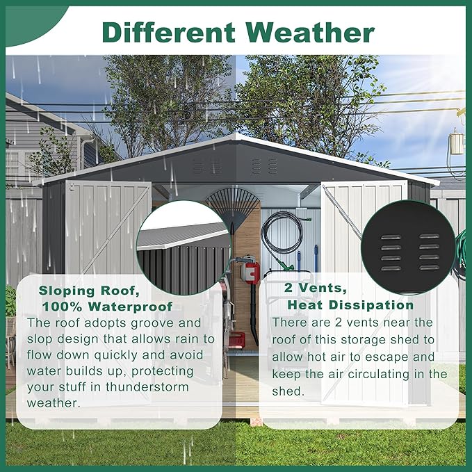 Ball & Cast 10×12 FT Outdoor Storage Shed,Metal Waterproof Tool Sheds with Lock and Key,Heavy-Duty Sheds Unit W/Doors and Vents,Galvanized Steel Garden House for Storing Bicycles,Barbeques,Black