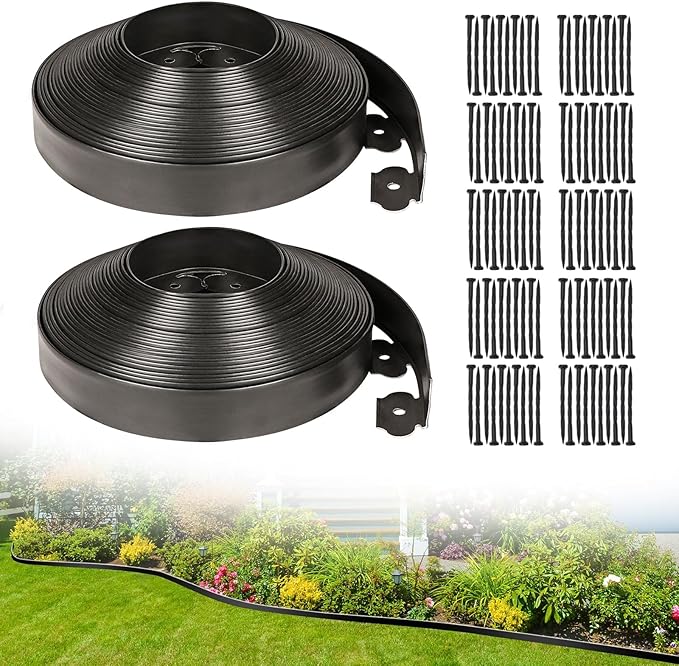 JERIA 2 Inch Tall 100 FT Garden Edging Kit with 120pcs Spikes, Plastic Edging for Landscaping