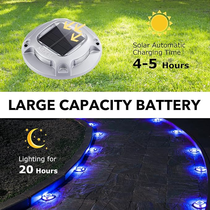 AGPTEK Solar Driveway Lights Outdoor 4 Pack, 2 Color Modes LED Deck Dock Marine Waterproof Security Marker Lights for Step Sidewalk Stair Garden Pathway Walkway Yard(Blue Light/Cool White)