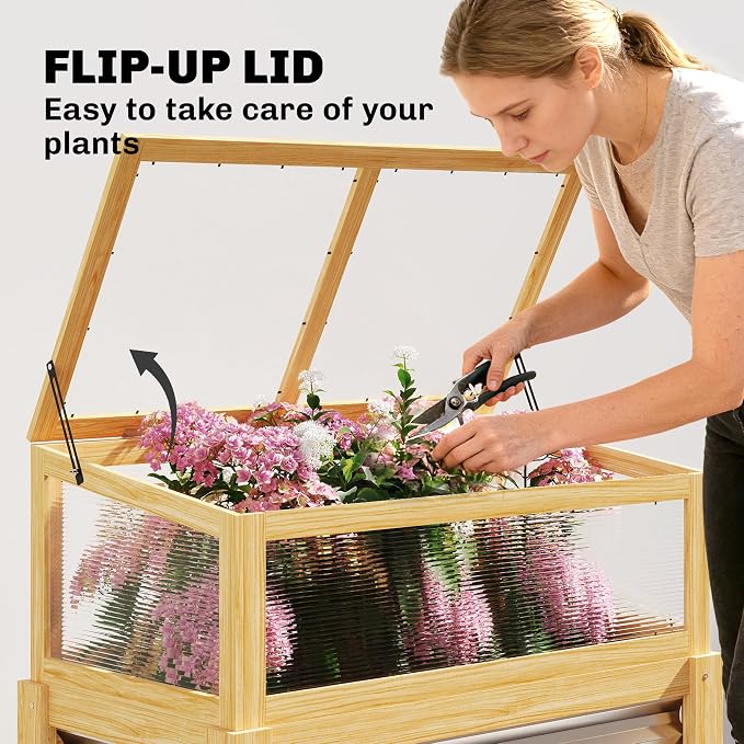 Outsunny Wooden Raised Garden Bed with Flip-Up Greenhouse Top, Raised Garden Bed with Legs and Bed Liner, Elevated Planter Box for Flowers, Vegetables, Herbs, Natural